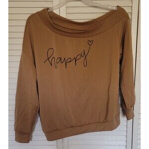 SHEIN "Happy" Off-the-Shoulder Camel Graphic Sweatshirt Long Sleeve Medium Wide